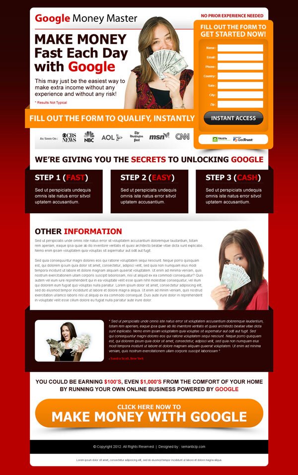 Google money landing page design sample