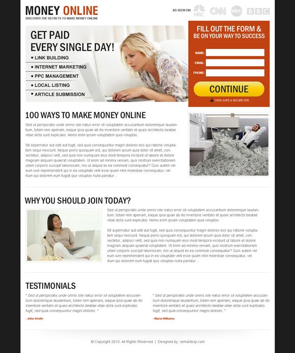 conversion centered and optimized make money online landing page by semanticlp.com